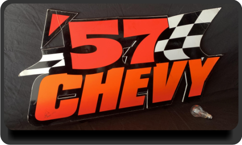 '57 Chevy Sign. Fluorescent Red and Orange